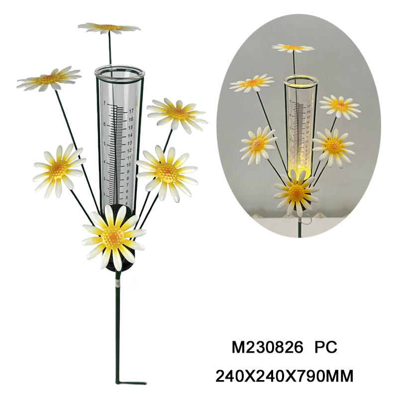 Garden rain gauge with solar stake