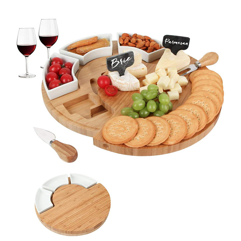 White Removable Ceramic Bowls round Bamboo Cheese Board