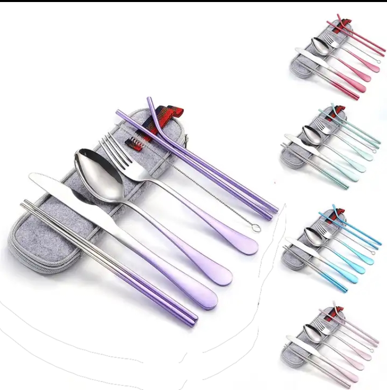 8pcs Travel Cutlery Set, Stainless Steel Camping PicnicPortable Reusable Utensils with carrying case