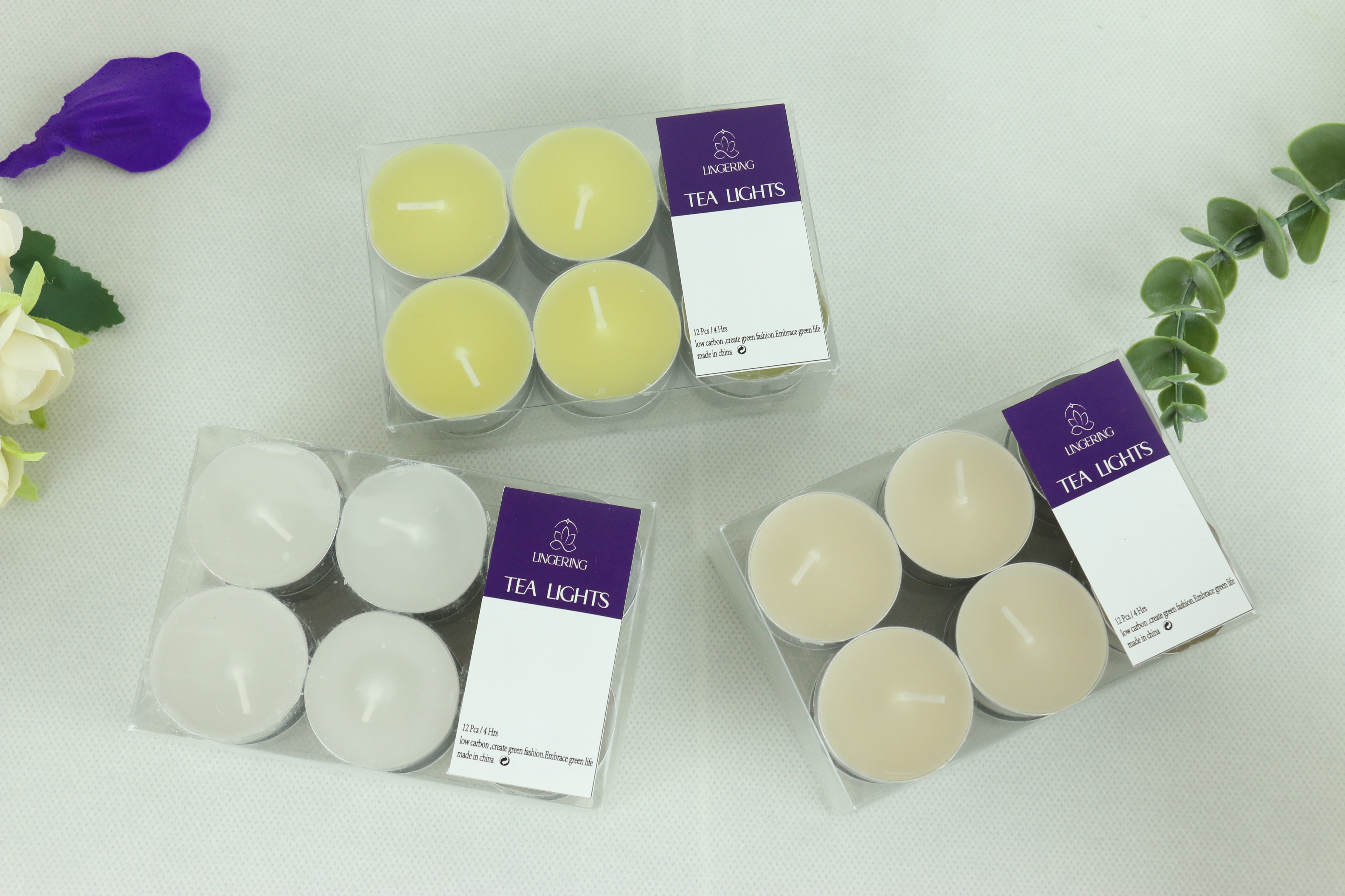 4 hours burning time pvc shell 12pcs scented tea wax candles