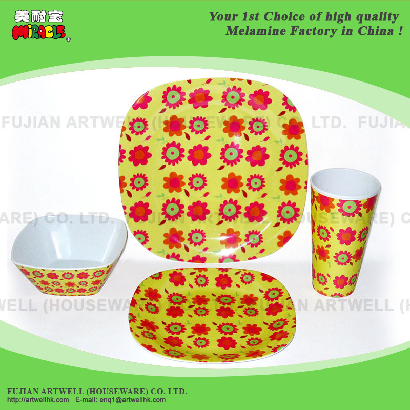 Melamine Tableware, Dinnerware, 16 Pc Square Dinner Set, Plate, Bowl, Cup, Mug, Tray, Pet Bowl