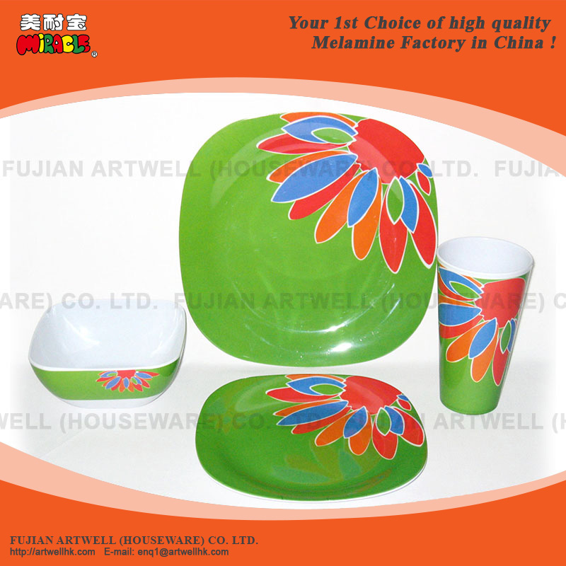 Melamine Tableware, Dinnerware, 16 Pc Square Dinner Set, Plate, Bowl, Cup, Mug, Tray, Pet Bowl