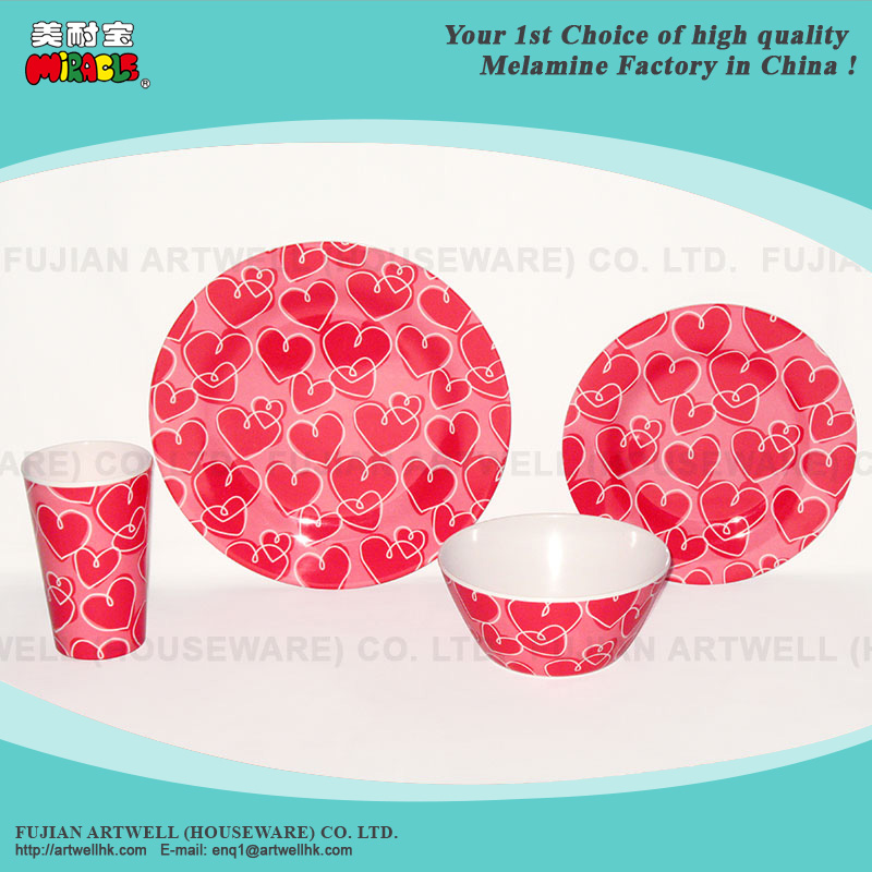 Melamine Tableware, Dinnerware, 16 Pc Dinner Set, Plate, Bowl, Cup, Mug, Tray, Valentine Design