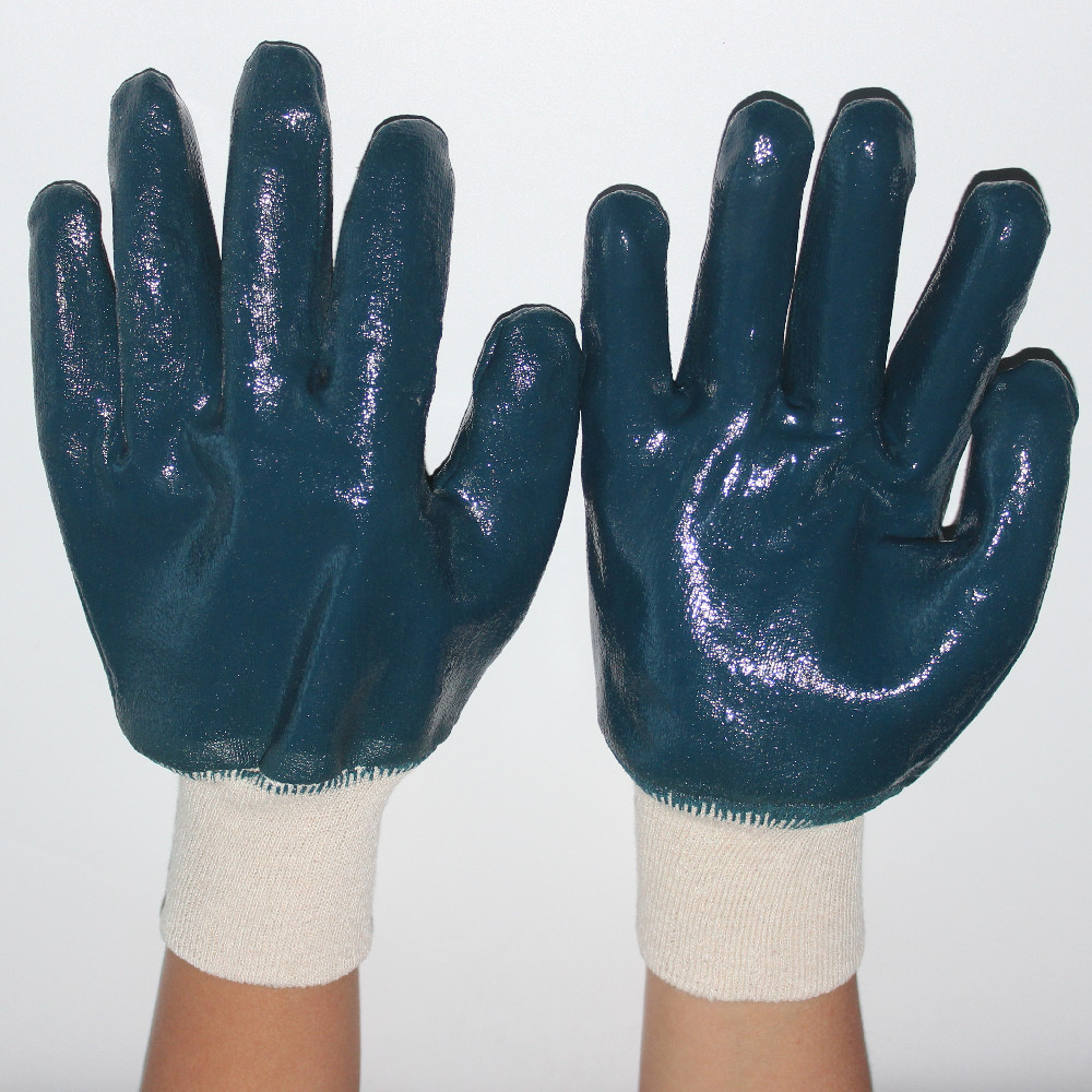 Blue Nitrile Fully Coated Jersey Cotton Lined Oil Resistant Knit wrist Work Glove