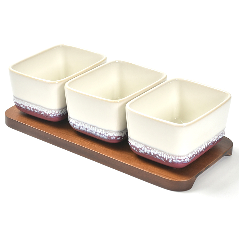 Three square snack bowl snack ceramic bowl with bamboo plate fruit node rice bowl set