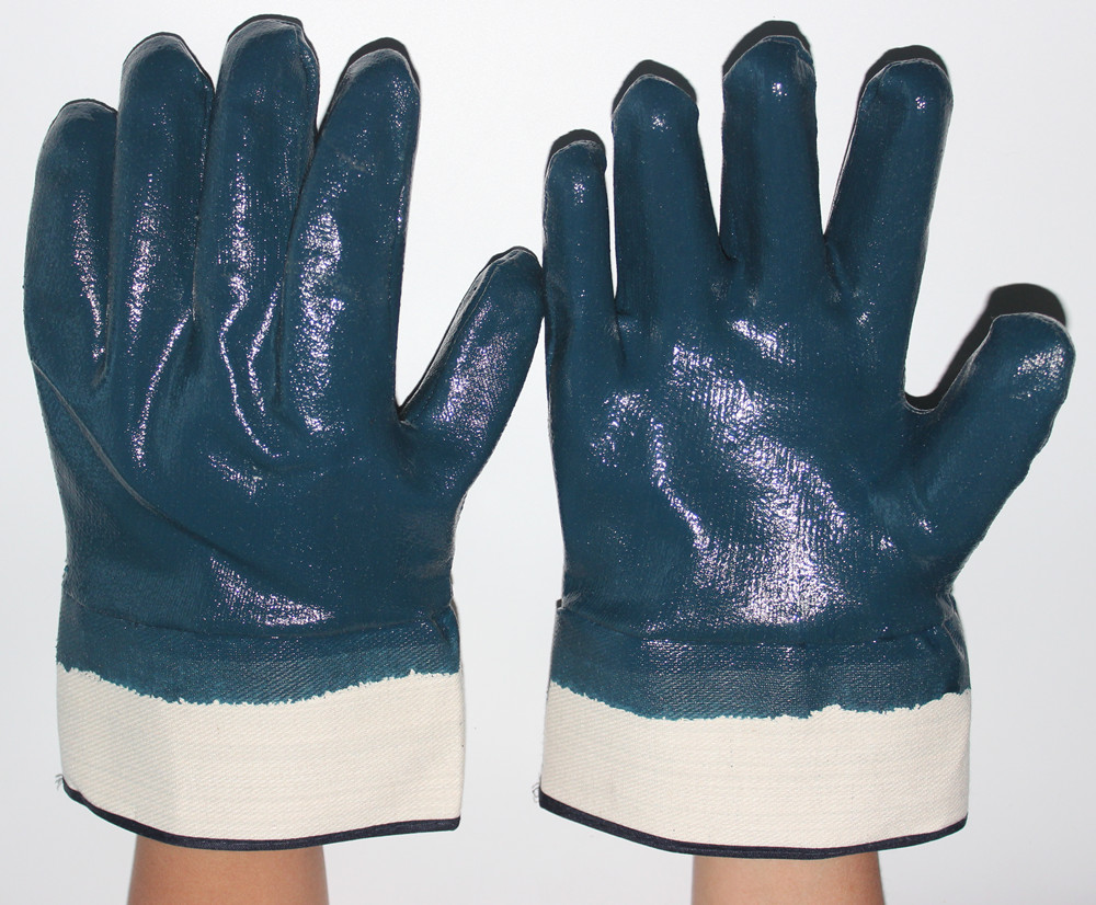 OEM Brand Blue Nitrile Fully Coated Safety Cuff Work Gloves With Jersey Cotton