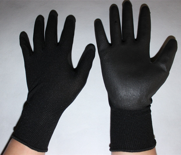 Black PU palm coated anti static work gloves with 13 gauge polyester/nylon knit