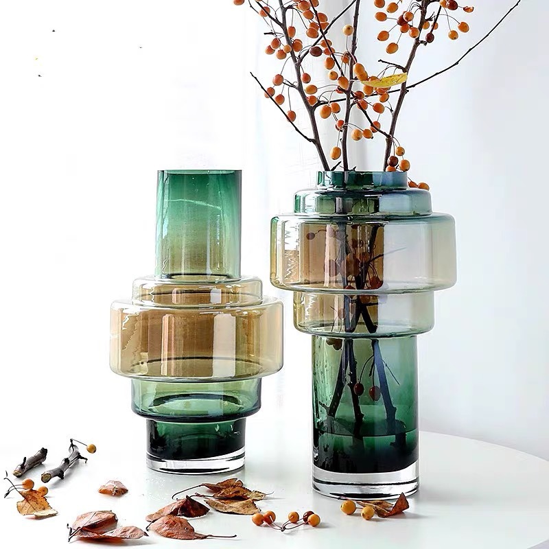 Glass vase geometric shape soot amber small mouth flower decoration craft decoration