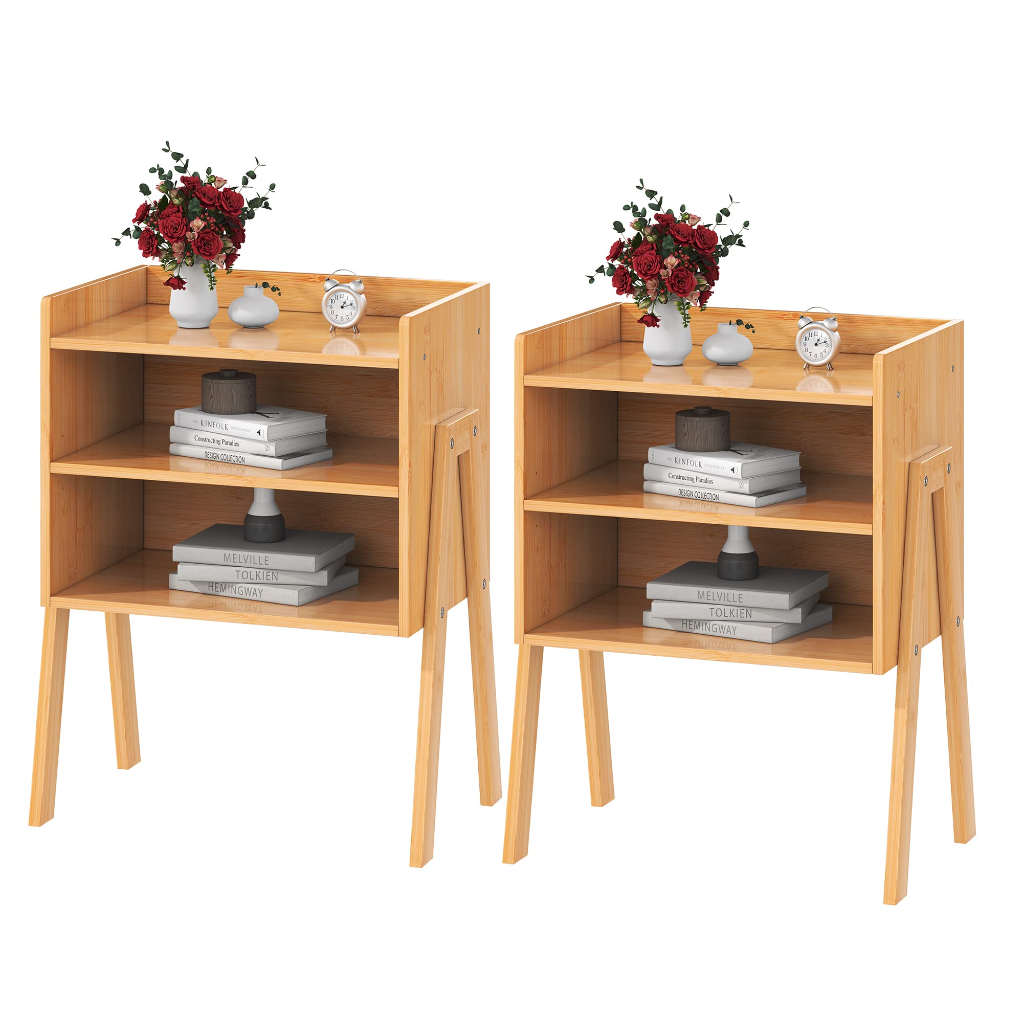 Bamboo Bedside Tables 3-Tier Night Stands for Bedrooms Set of 2