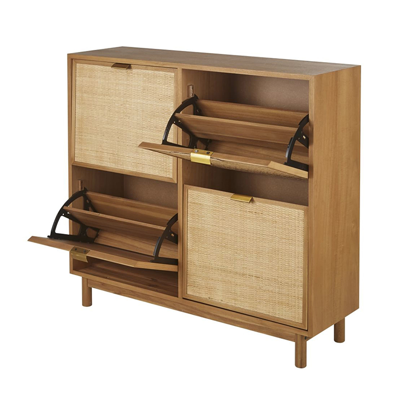 Wood Row Shoe Storage Cabinet with Nature Rattan Shoe Rack Cabinet Decorative Shoe Cabinet