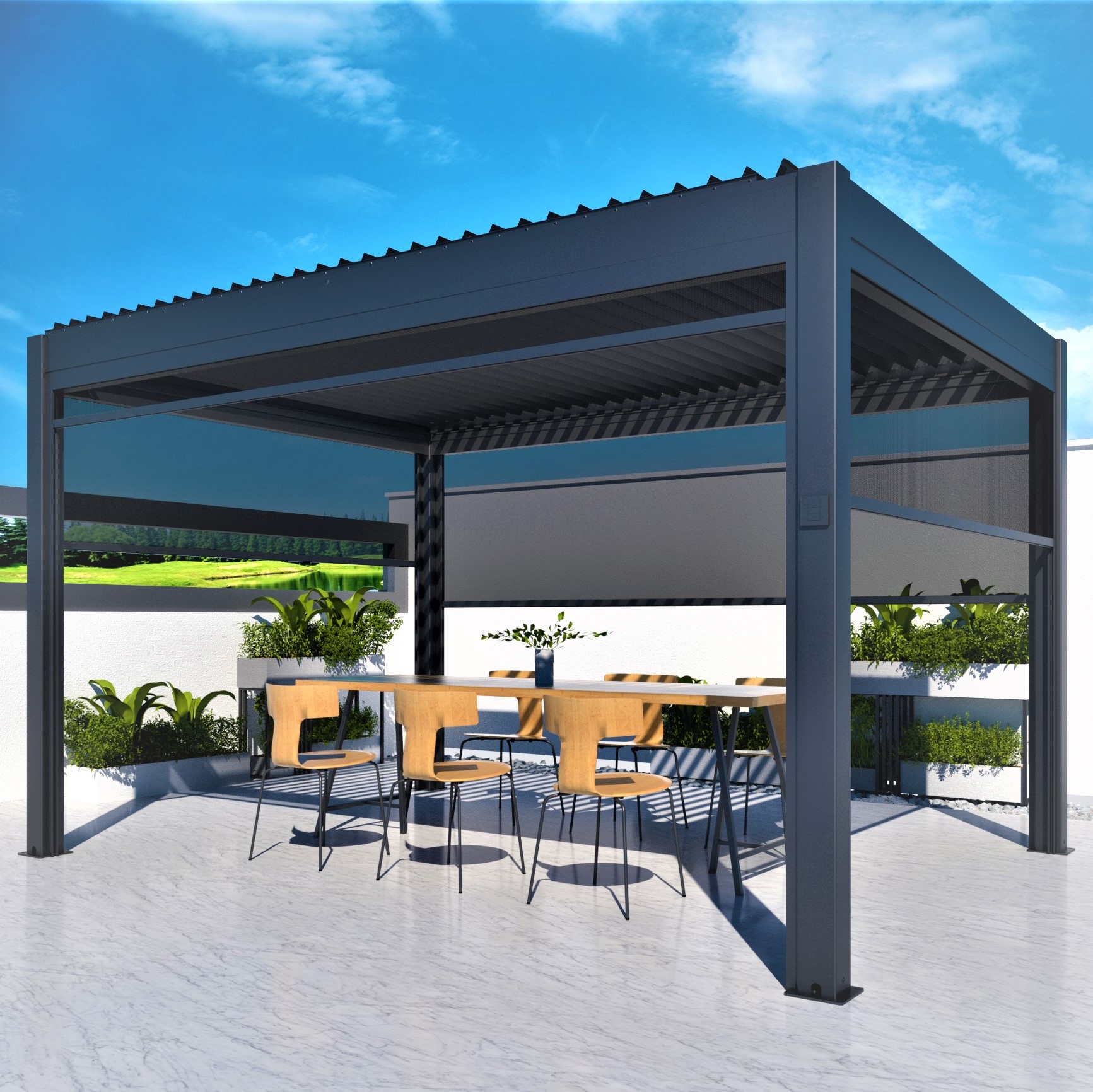 Greenawn Aluminium Outdoor Louvered Pergola With Motorized Screen