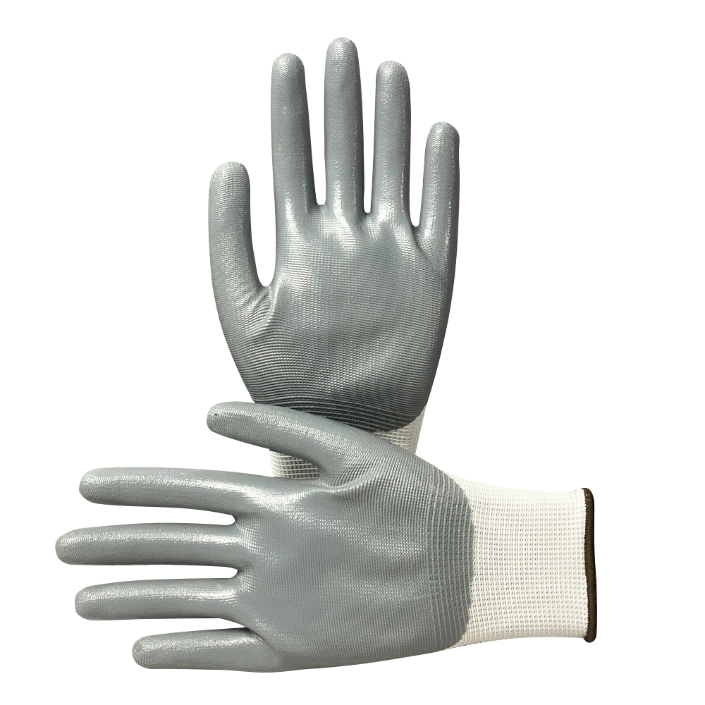 Zhongshang Hot Selling Safety Work Gloves Industrial Grey Nylon Nitrile Coated Gloves