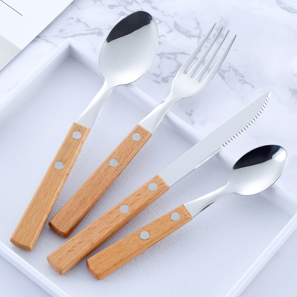 Stainless steel flatware with beech handle