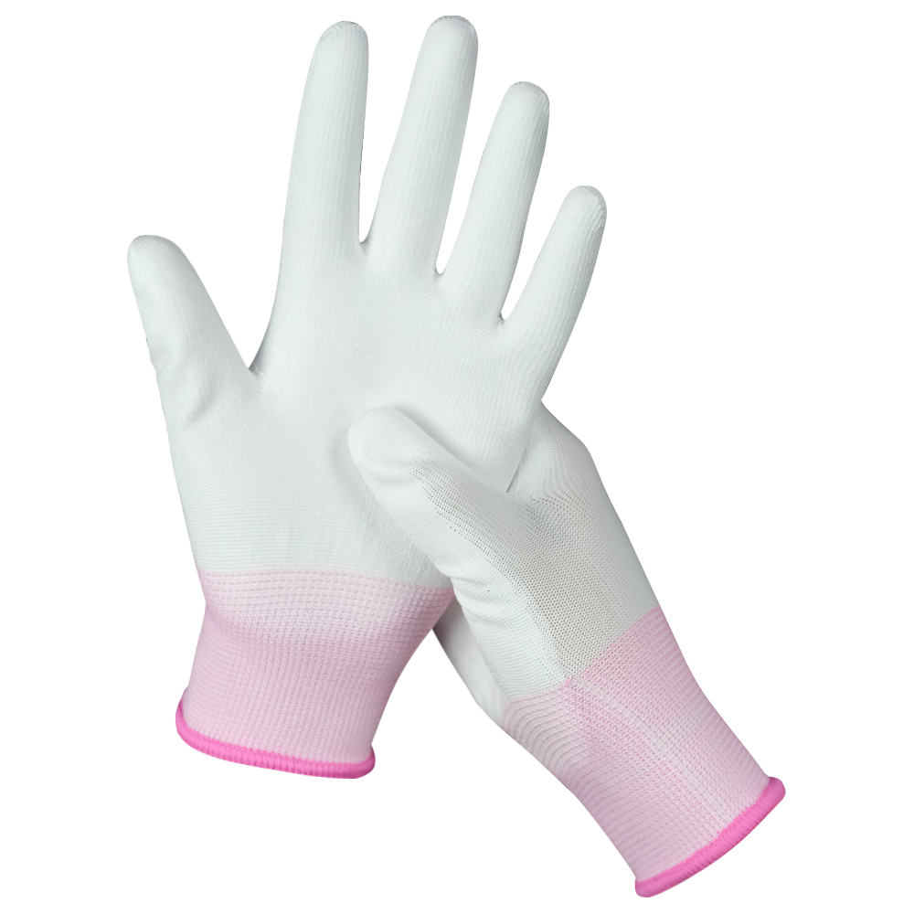 Zhongshang Factory Direct Sales 13 gauge Nylon PU Coating Pink PU Impregnated Gloves Coating Gloves