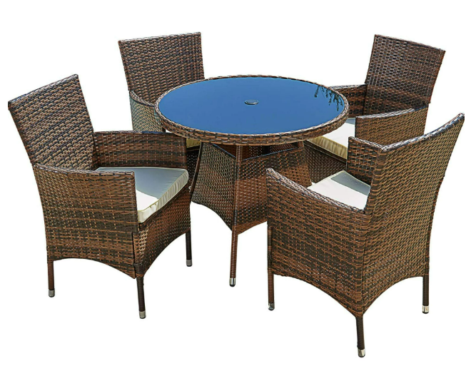 All-Weather Square Wicker Dining Table and Chairs for 4 (5-Piece Set) Washable Cushions