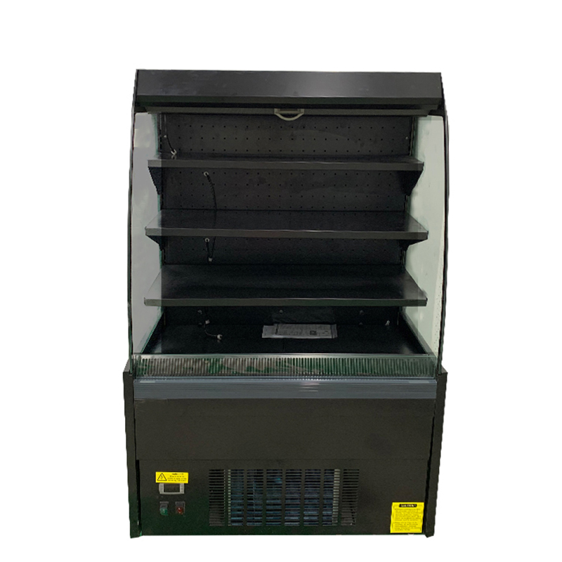 Semi-vertical self-service refrigerated displays with positive temperature