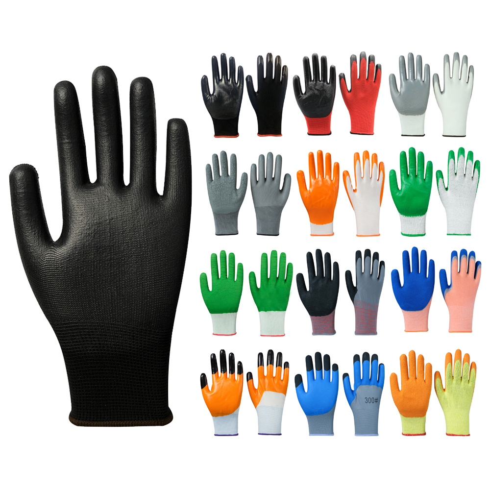 Zhongshang 13g polyester black PU immersion work safety gloves