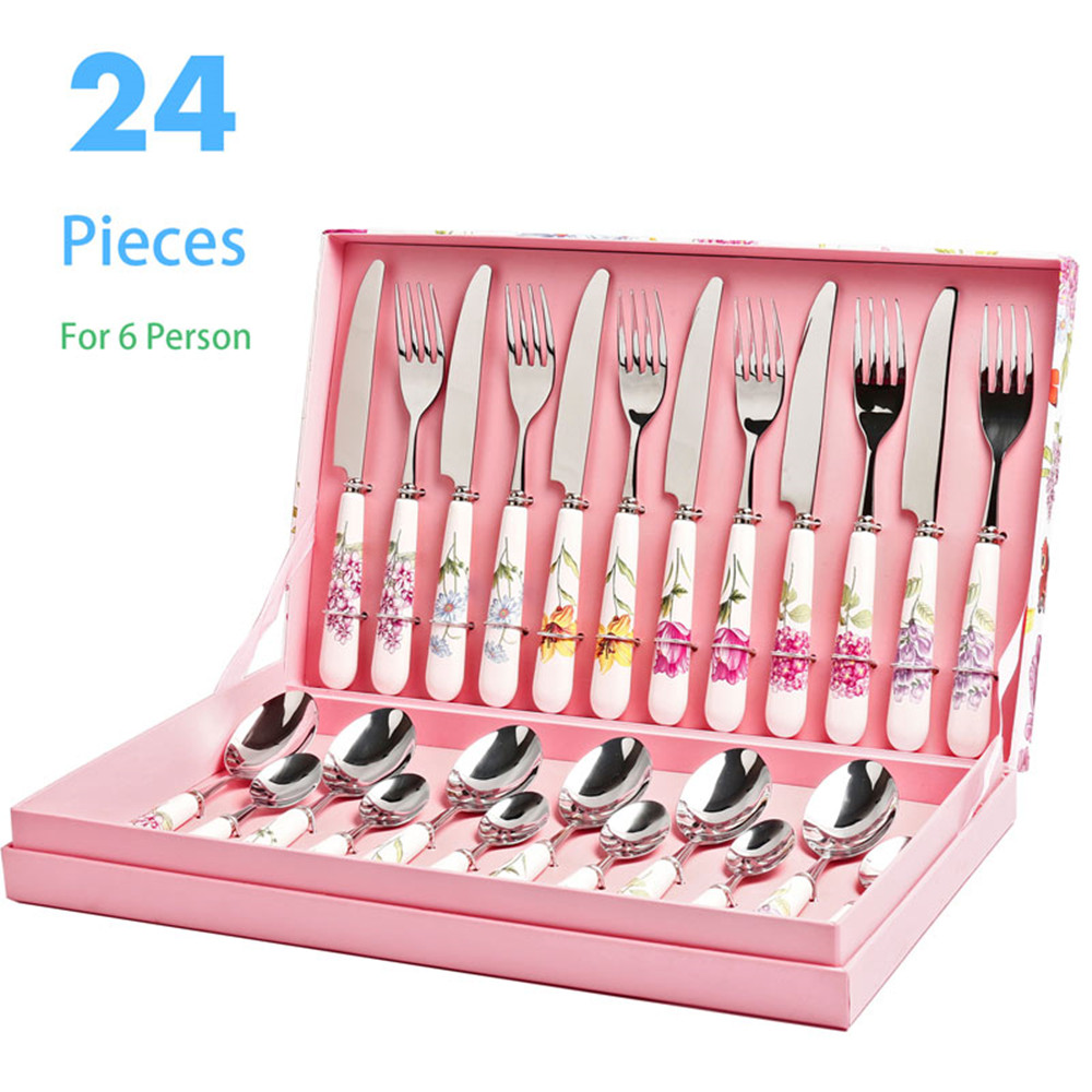 24pcs ceramic handle stainless steel cutlery set