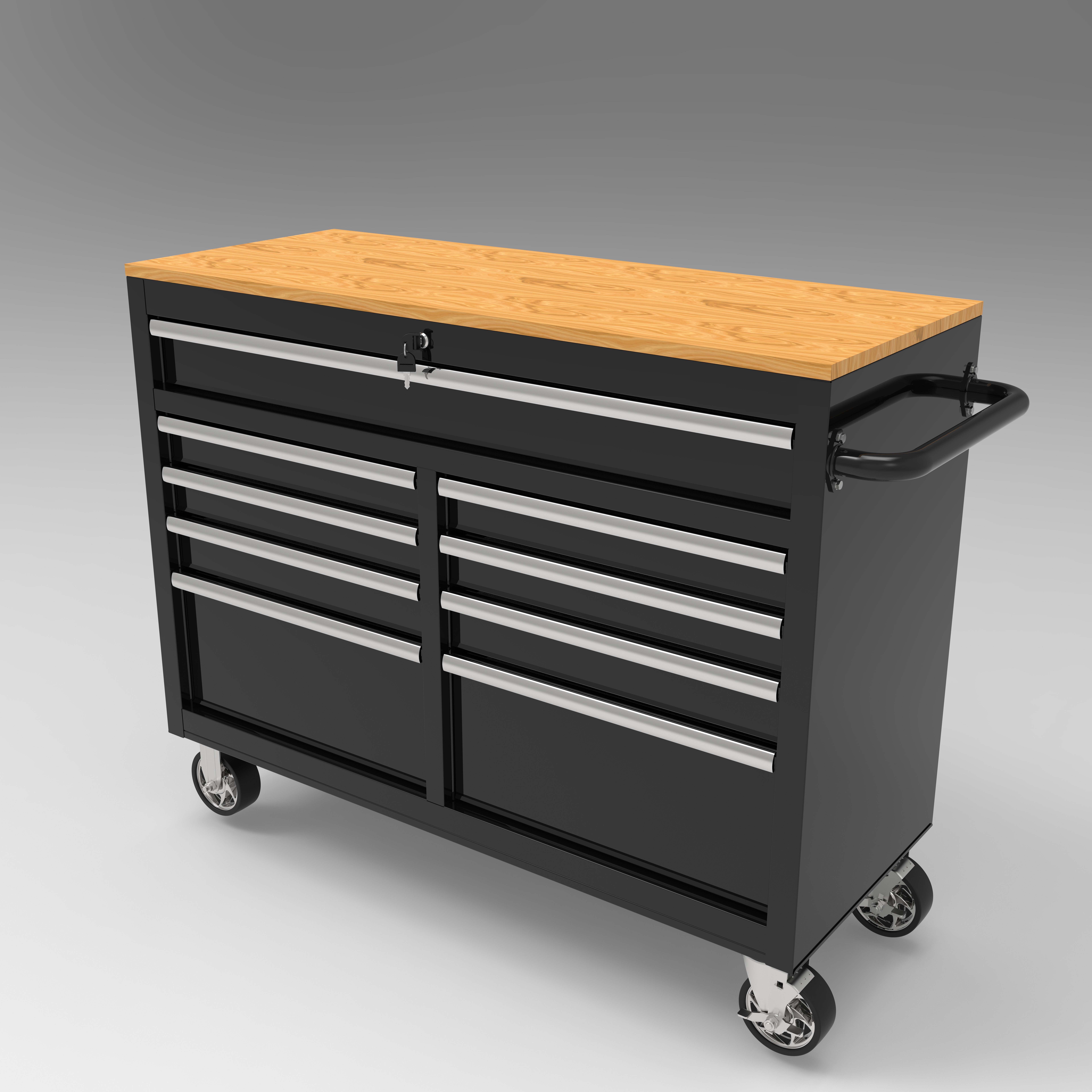 46 in. 9 Drawer Mobile Storage Cabinet with Solid Wood Top, Black