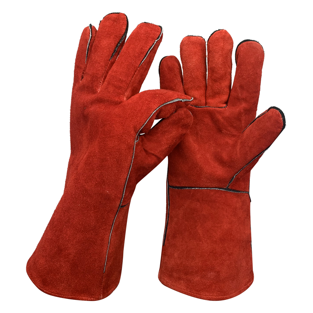 Zhongshang Super Long Sleeve Red Two Layer Leather Fire Resistant Welding Work Gloves