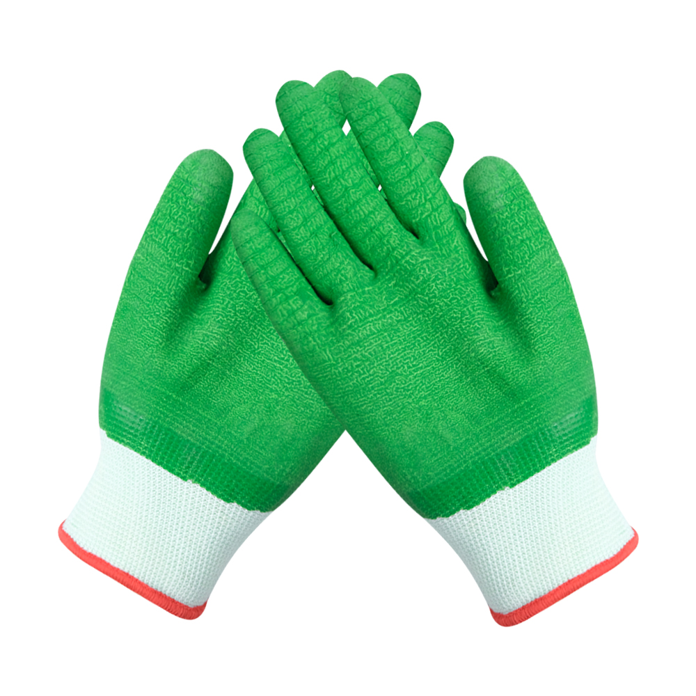 Zhongshang Green Nylon Fully Latex Coated Crinkle Finished Gloves Ruffles Construction Safety Gloves