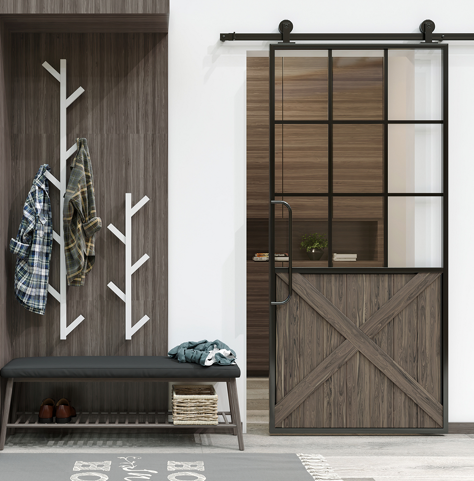 Iron frame glass and wood combination sliding door