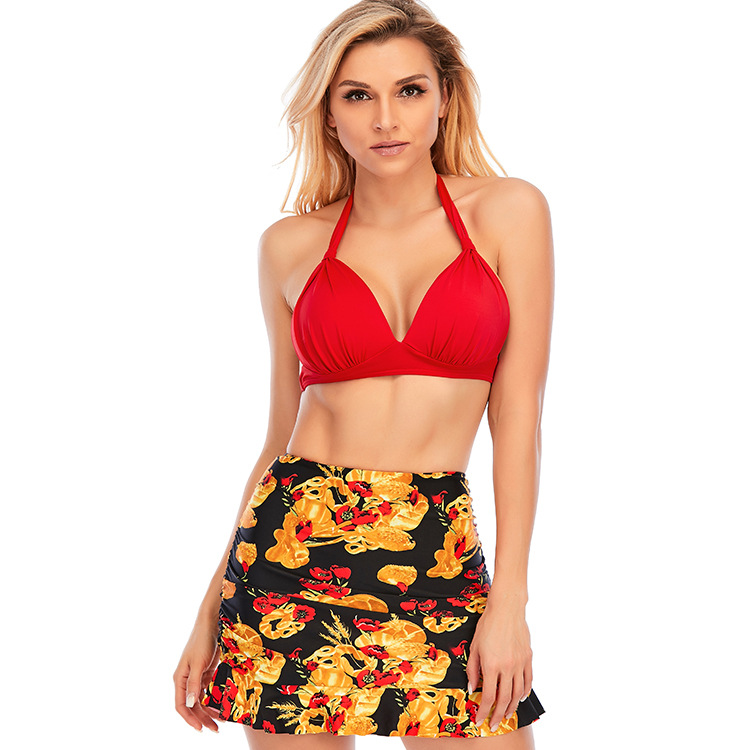 DGLT-1991T-2022W Split bikini suit solid bra with floral print high waist swim trunks sexy swimwear