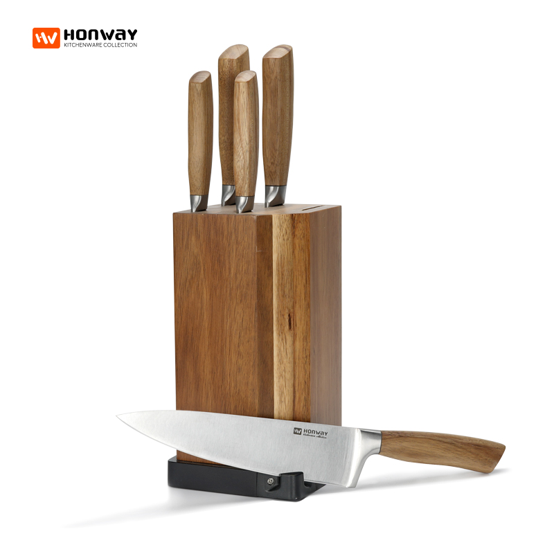 HONWAY 267C sereis - 6pcs forged acacia handle knife set with acacia block