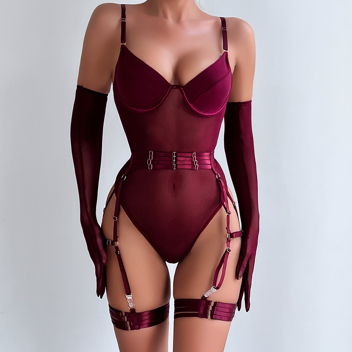 Erotic underwear perspective nightclub metallic decoration ribbon splicing onesie sexy Bodysuit