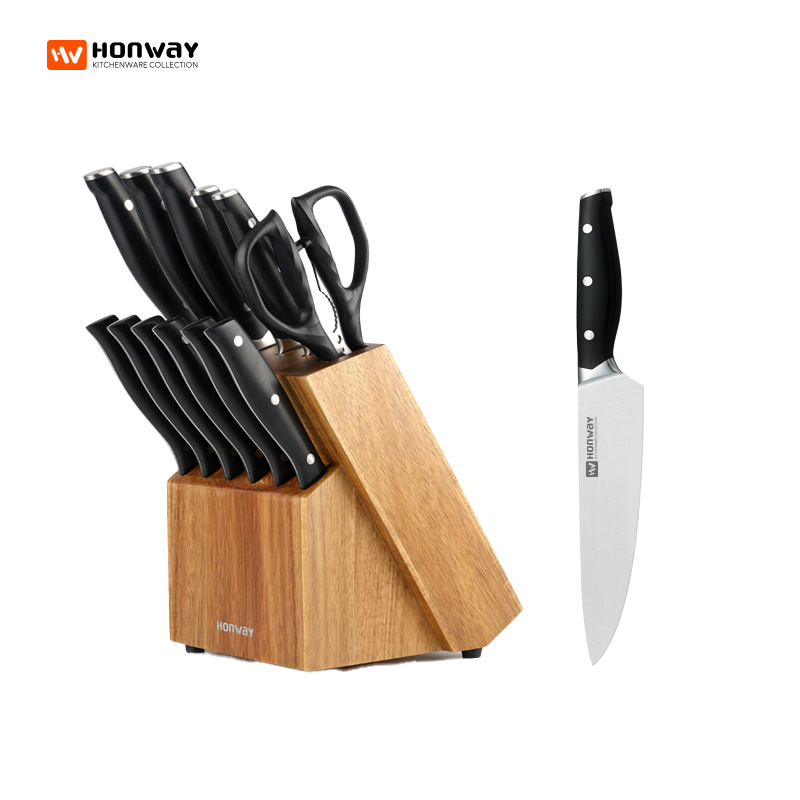 HONWAY 372 series - 13pcs forged ABS handle knife set with magnetic acacia block