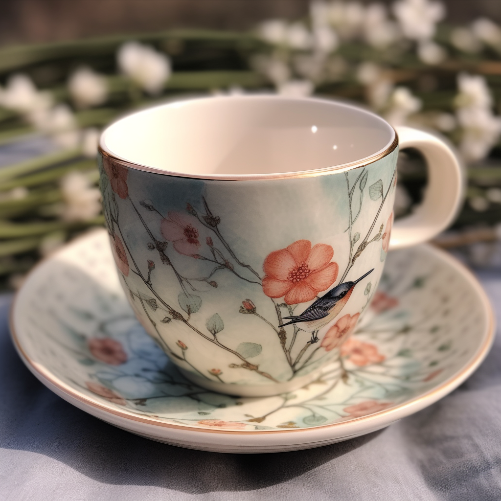 Springtime floral bone china teacup and saucer with gold rim