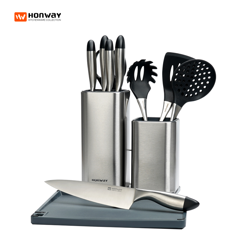 HONWAY 155 series - 10pcs S/S hollow handle kitchen tools set with S/S universal stand