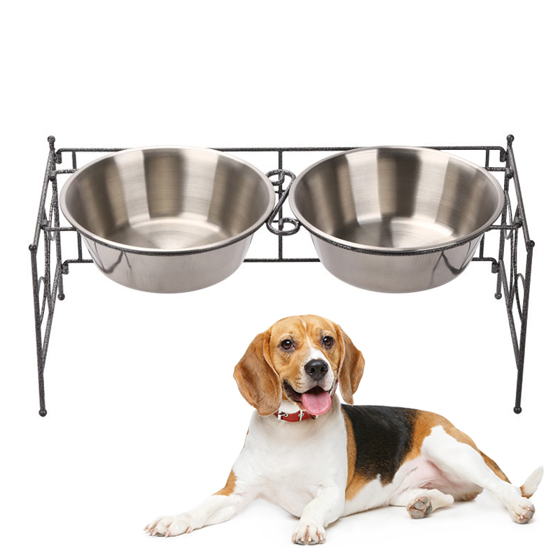 double stainless steel elevated cat dog pet food and water bowl with iron stand