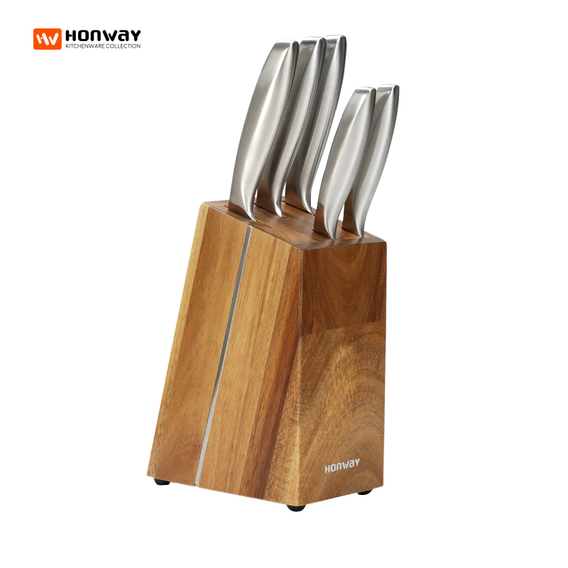 HONWAY 165 series - 6pcs S/S hollow handle knife set with acacia block
