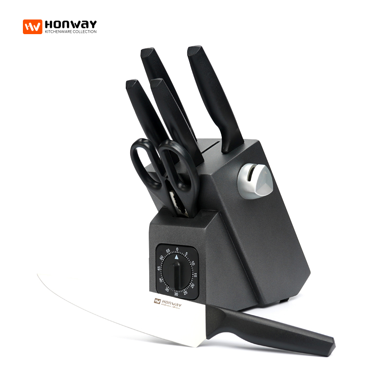 HONWAY 418 series - 7pcs PP handle knife set with painted rubber wood block