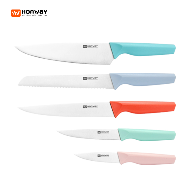 HONWAY 418 series - 6pcs colorful PP handle knife set with painted rubber wood block