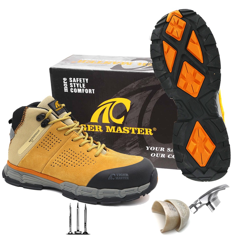 Anti slip suede leather prevent puncture fiberglass toe safety shoes waterproof
