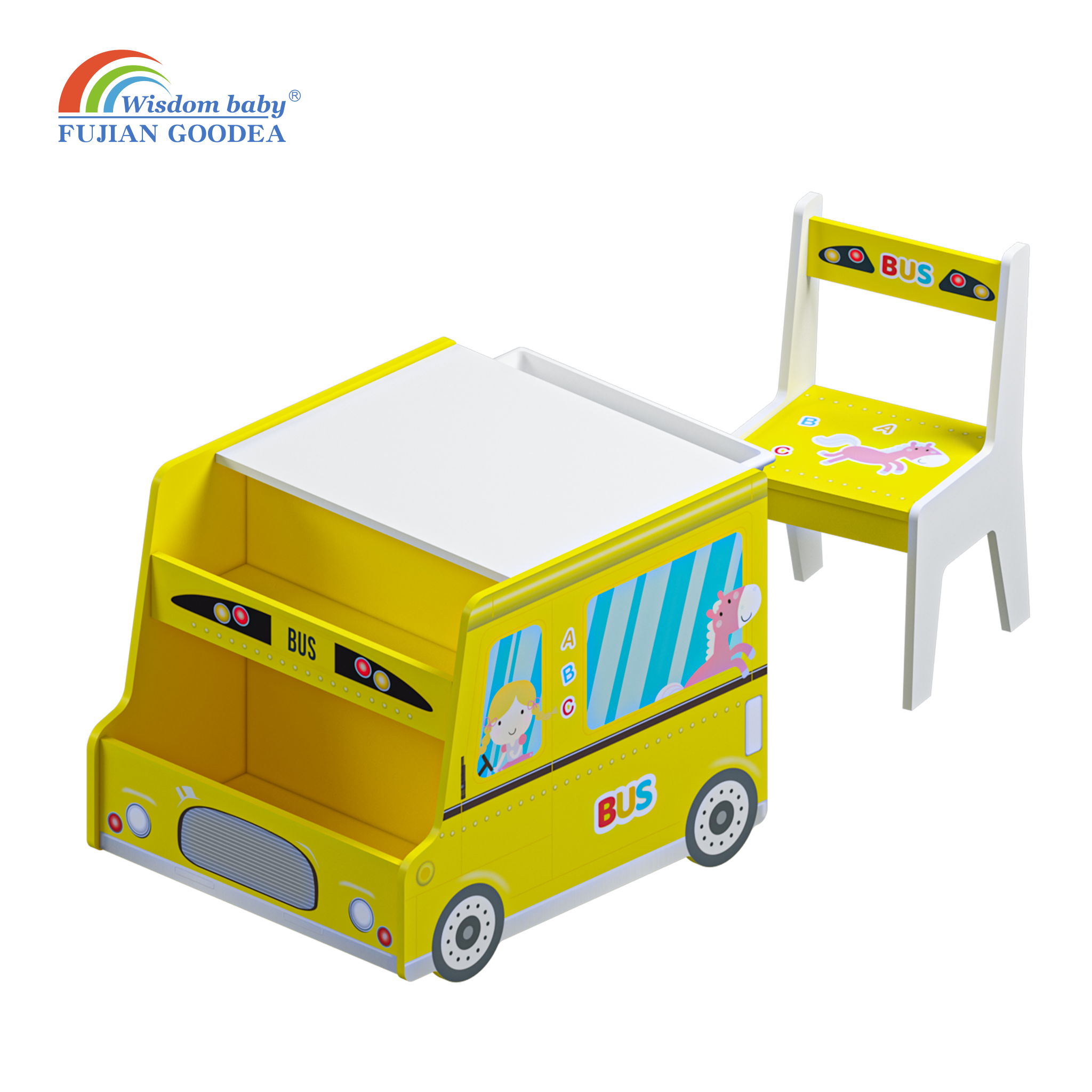 Children's cartoon storage and puzzle table and chairs.