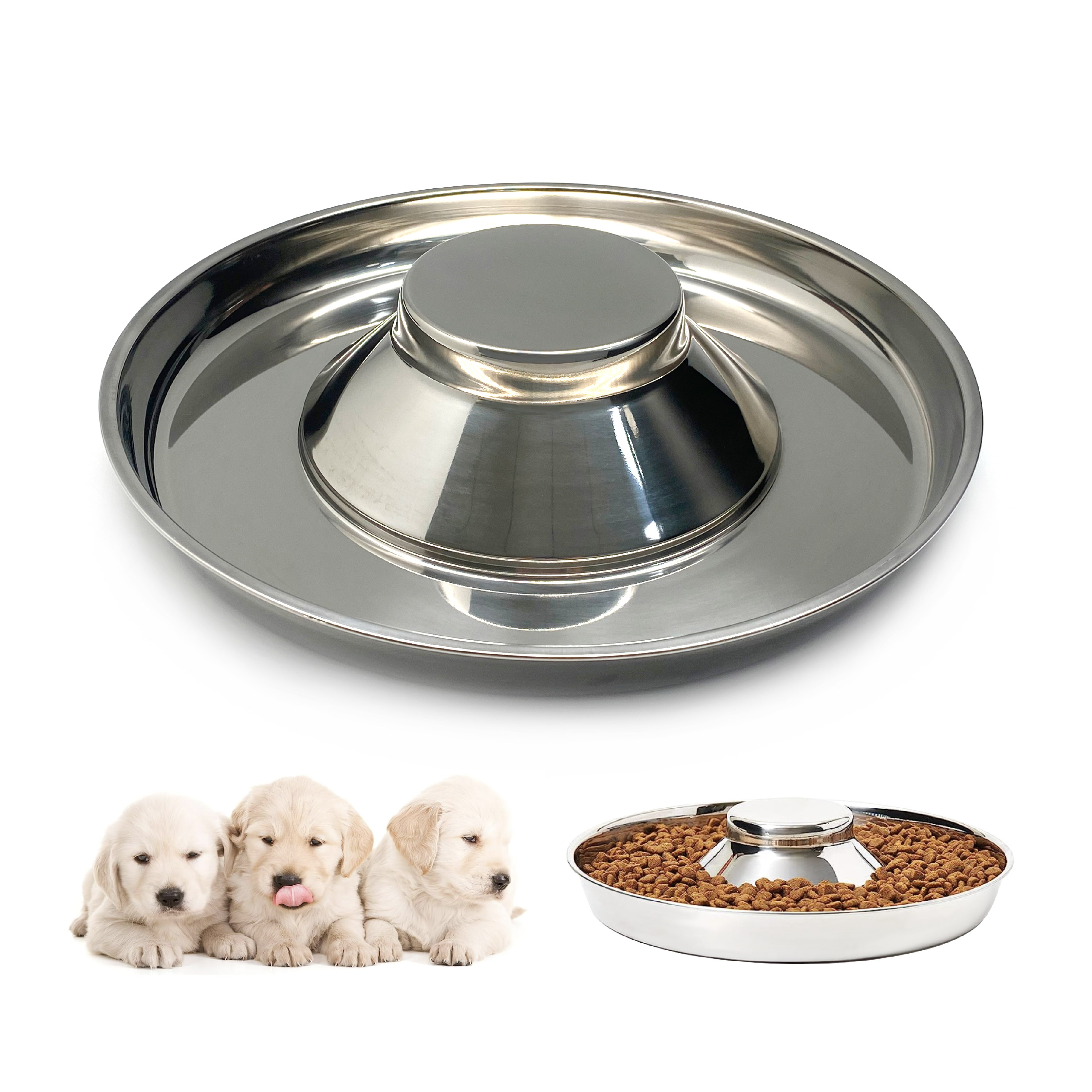 Non-skid slow feeder silver stainless steel dog bowl puppy weaning bowls