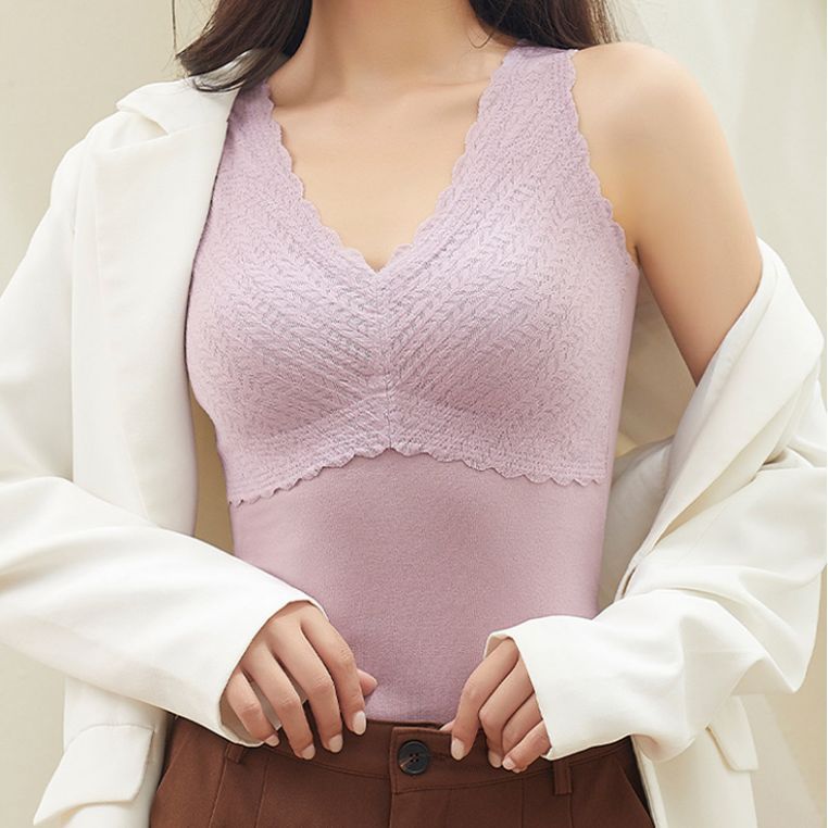Winter women's thermal vest with chest pad bra seamless beauty back frosted V-neck base shirt