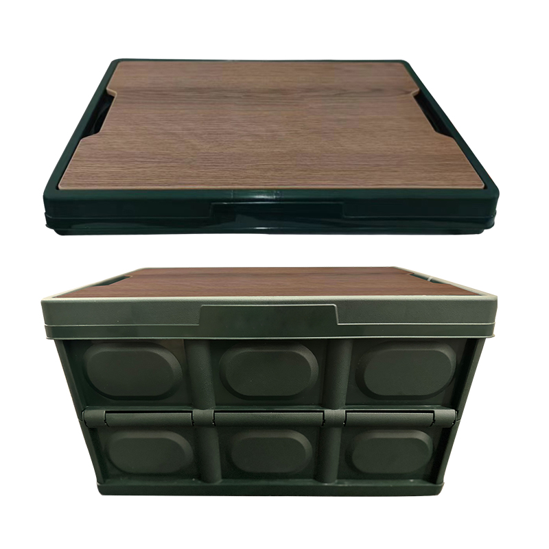 Multifunctional plastic foldable camping storage box collapsible storage box with wood lid