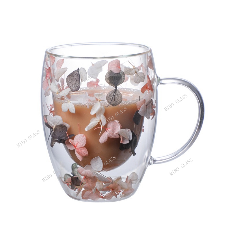Double wall coffee glass with handle,double wall coffee glass with dry flower