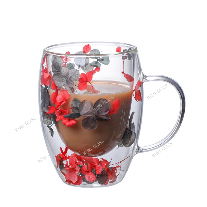 double wall coffee glass with handle,double wall coffee glass with dry flower