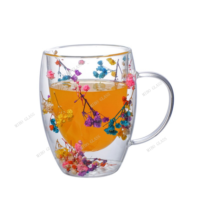 Double wall coffee glass with handle,double wall coffee glass with dry flower