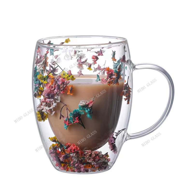 Double wall coffee glass with handle,double wall coffee glass with dry flower