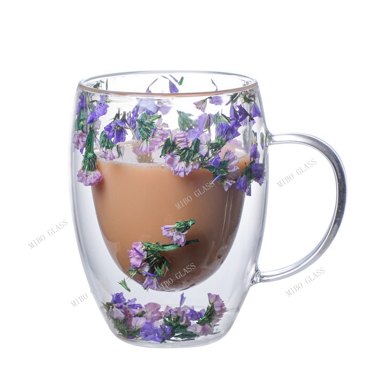 Double wall coffee glass with handle,double wall coffee glass with dry flower