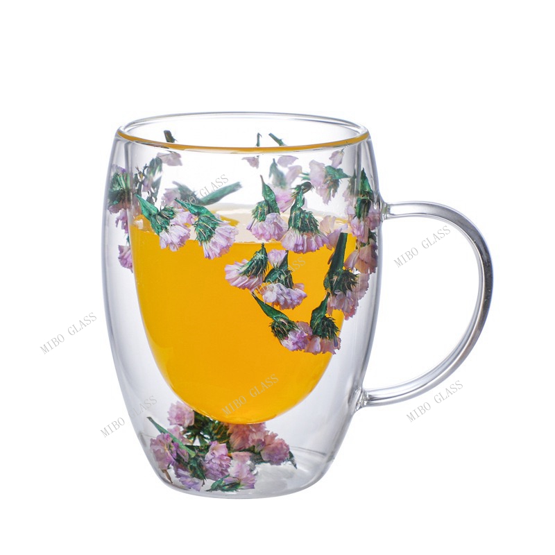 Double wall coffee glass with handle,double wall coffee glass with dry flower