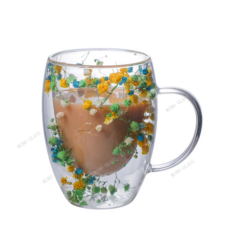 double wall coffee glass with handle,double wall coffee glass with dry flower
