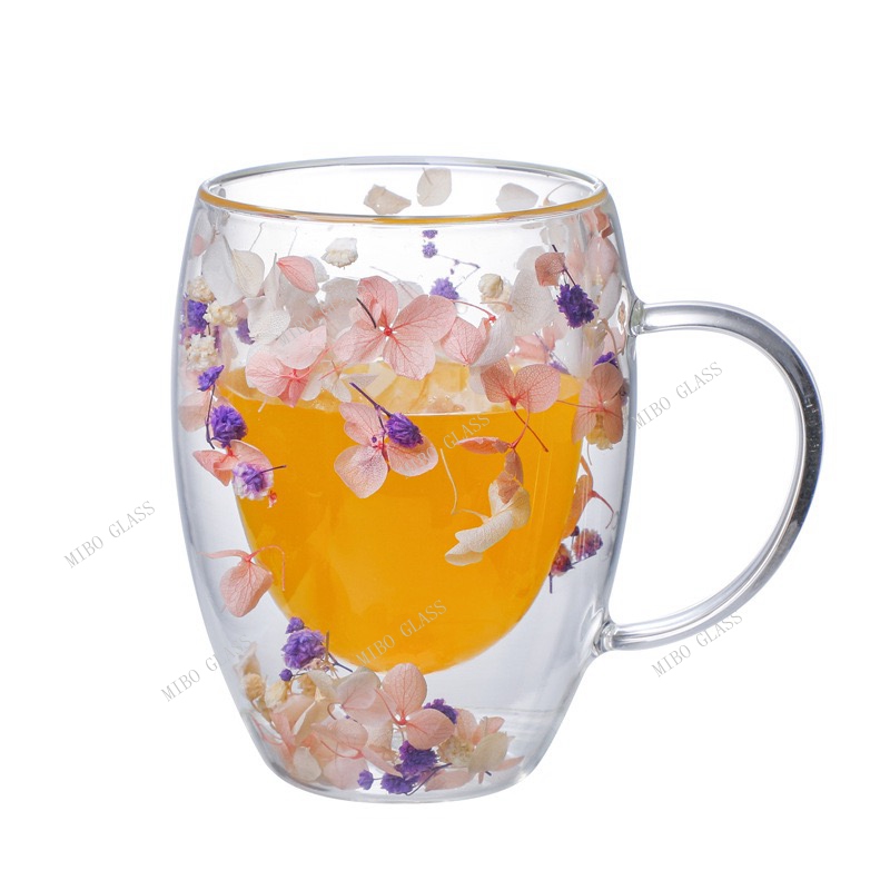 double wall coffee glass with handle,double wall coffee glass with dry flower