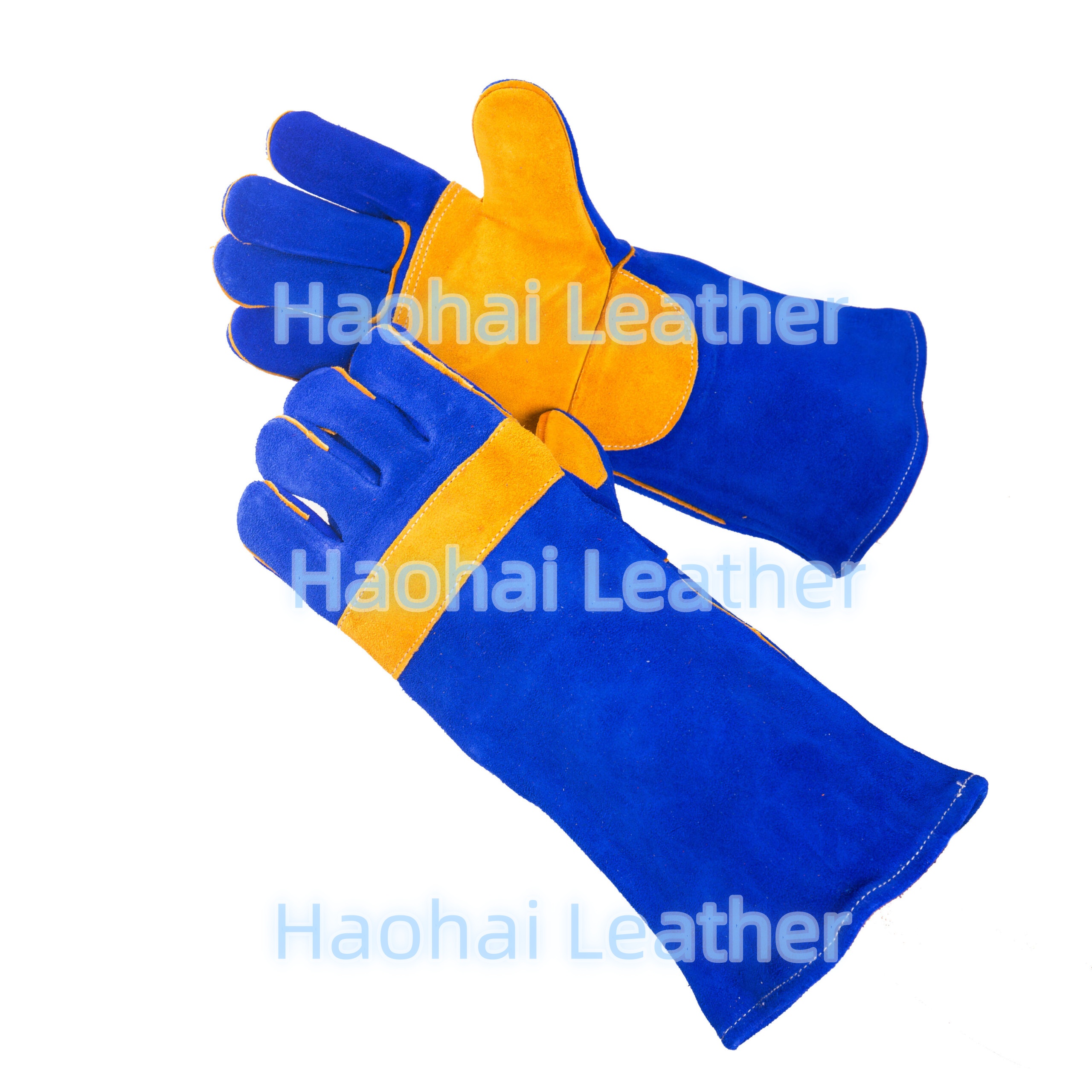 Long cuff blue and yellow color double palm cow split leather welding safety gloves